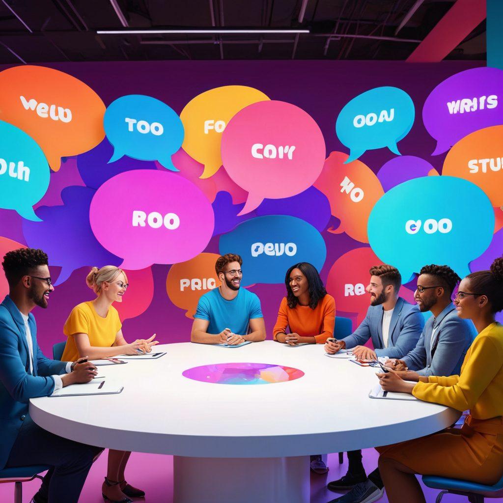 A vibrant online forum scene showcasing diverse groups of people engaging in animated discussions at virtual roundtables. Include animated speech bubbles filled with colorful ideas, icons representing various topics like technology, healthcare, and art. Surround the characters with digital elements like thumbs-ups and emojis to signify interaction. The background should be a lively abstract representation of a digital landscape. super-realistic. vibrant colors. 3D.