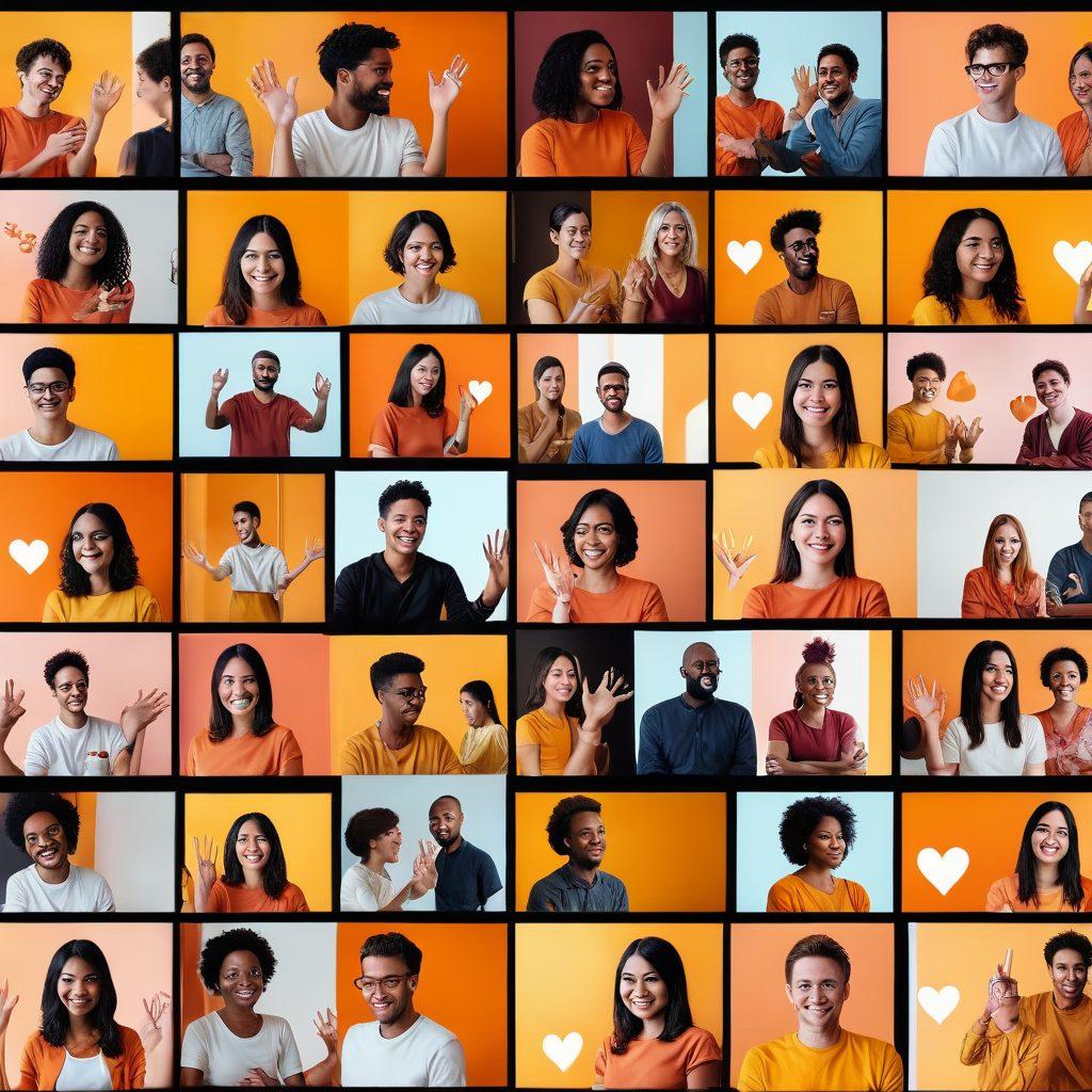 A vibrant digital gathering scene showcasing diverse individuals interacting through video screens, engaging in animated conversations and sharing ideas. Include symbolism of connection, such as floating heart icons and network lines intertwining between screens. The background should be warm and inviting, evoking a sense of community. super-realistic. vibrant colors. dynamic composition.